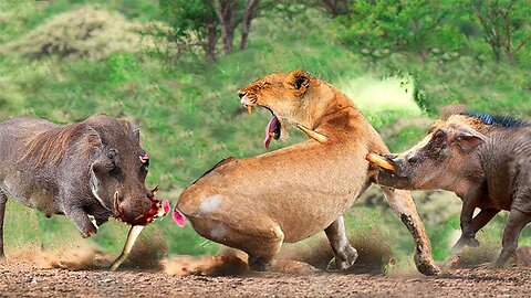 Mother Warthog Strikes Back, Defeats Lion With Pointed Horn Then Rescues Baby Warthog Successfully