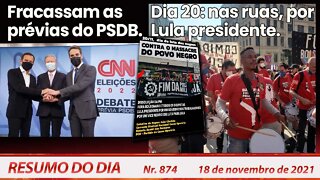 Fracassam as prévias do PSDB. Dia 20: nas ruas por Lula presidente - Resumo do Dia nº 874 - 18/11/21