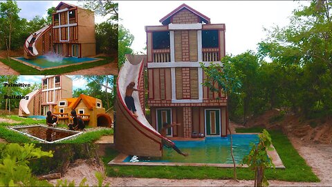 Build The Most Three Story Villa House,Water Slide ,Collect Abandoned Puppy & Build Mud House (Full)