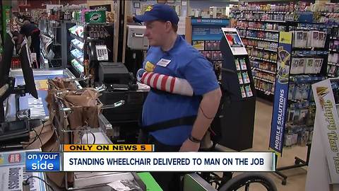 Standing wheelchair delivered to cashier with spina bifida at Canton Giant Eagle