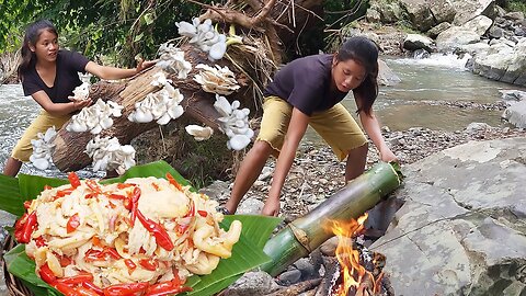 Yummy cook mushroom plant - Mushroom spice grilled in bamboo tree - Survival in forest