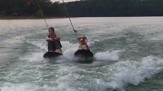 A Young Girl And A Dog Ride Boogie Boards On A Lake