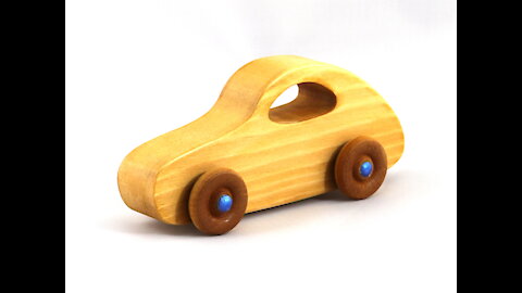 Handmade Wood Toy Car Classic 1957 Bug Play Pal Amber and Metallic Blue