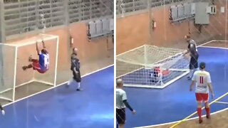 Dude gets stuck in goal netting after missing penalty kick