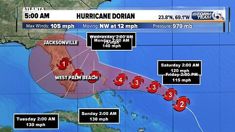 5 A.M. UPDATE: Hurricane Dorian expected to become a Cat. 3 later today