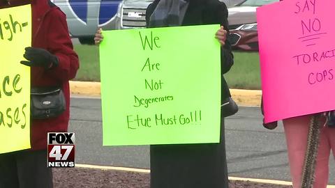 Protest group marches at MSP headquarters in Dimondale