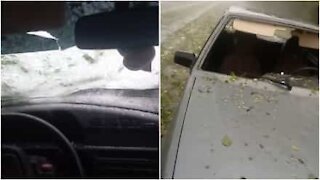 Panico dentro un auto durante una tempesta di grandine