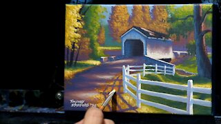 Mini Acrylic Landscape Painting of a Covered Bridge - Time Lapse - Artist Timothy Stanford