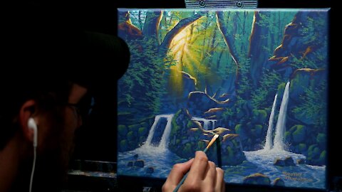Acrylic Landscape Painting of a Forest Waterfall - Time Lapse - Artist Timothy Stanford