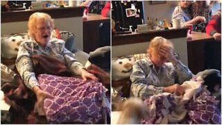Grandma receives a blanket made from her deceased husband's shirt