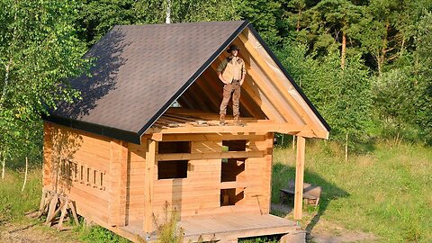 I Making Timber Frame Roof for my Log Cabin in the Forest Alone, Installing Roof Shingles