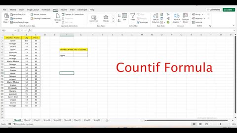 Find The Number Of Counts In Excel (Using Countif Formula).