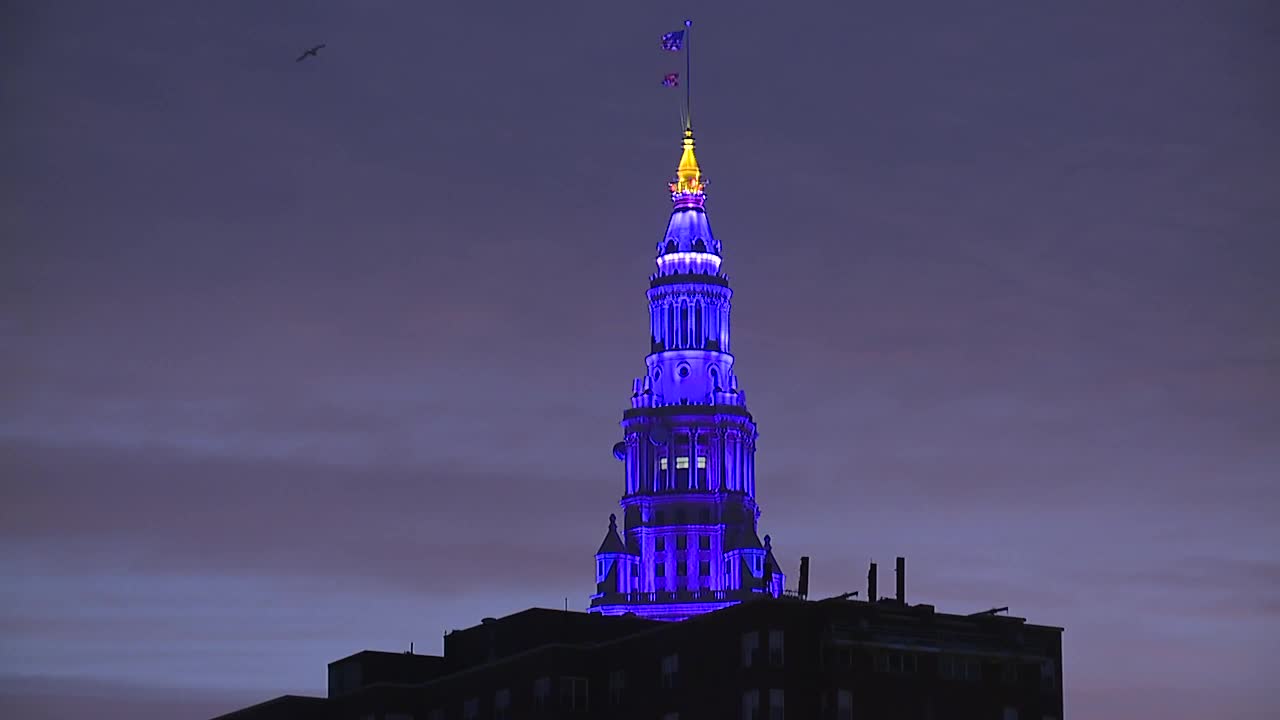 Terminal Tower goes purple for World Pancreatic Cancer Day