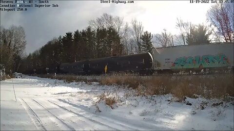 WB Manifest with Hudson Bay Railway 6010 at Neenah and Steven Point, WI on November 19, 2022