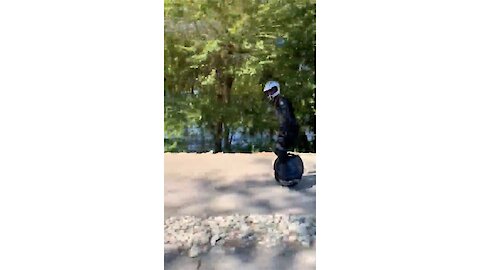 Unicyclist Races Past Car on the Lakeside Drive