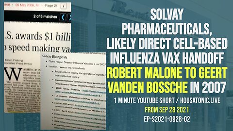 Solvay Pharmaceuticals, likely direct cell-based influenza vax handoff Malone to Vanden Bossche 2007