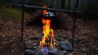 Stinging Nettle Tea at Bushcraft Debris Hut Survival Shelter. Foraging and cooking Wild Edibles