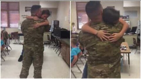 Homecoming soldier surprises son at school
