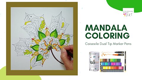 Coloring Book Art | Mandala Leaf Coloring with Caisexile Dual Tip Brush Marker Pens