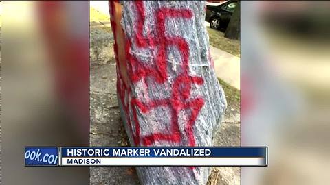 Madison park historic marker tagged with swastikas, ‘Trump Rules’
