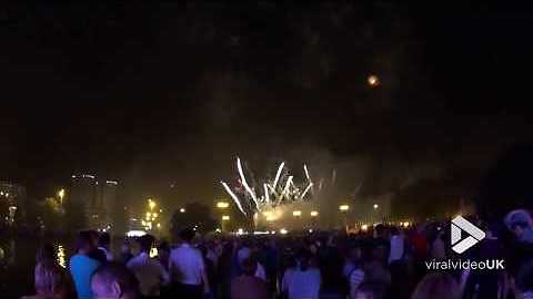 Flash of lightning suddenly occurs during fireworks
