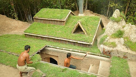 Building underground hut with grass roof & fireplace with clay,HeandUpdateWild