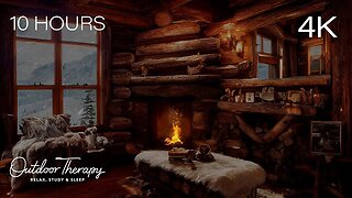 COZY NIGHT at a MOUNTAIN CABIN | Crackling Fire with Howling Wind & Blowing Snow Ambience