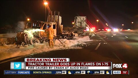 Tractor trailer fire closes southbound lanes of I-75 at Alico Road in Fort Myers