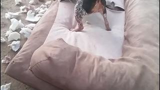 Dogs Wrestle In Torn Up Sofa Outside