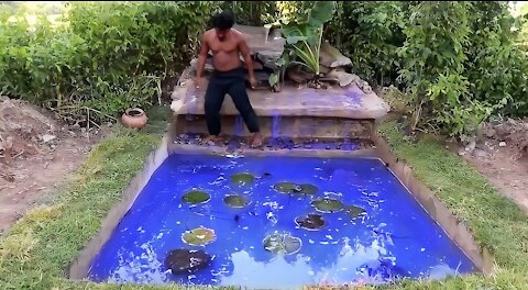 Build waterfall fish pond with barehands