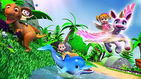 Magical Adventure with Cartoon Animals: Unicorn, Dinosaur, and Dolphin | Kids Fantasy Ride Race!