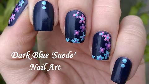 Dark Blue Suede Effect Based Floral Nail Art Using Toothpick