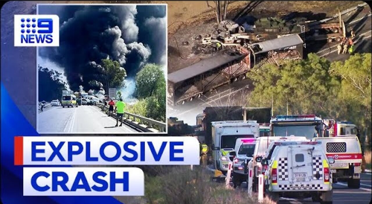 Massive explosion of fire after crash with seven vehicles and army tank ...