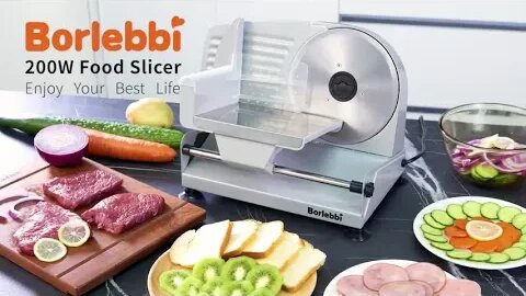 Slice with precision using our 200W Electric Food Slicer, 2 Removable 7.5" Stainless Steel Blades