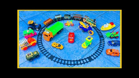 Showing colourful toys/train set/ktm bike/super car/mcqueen car/auto rikshaw/rc boat/tractors