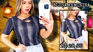 Blusa Feminina/ shirt com Elastano/ Detalhes de Abertura no Ombro e Decote!!!