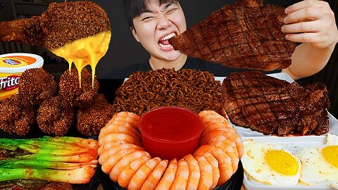 ASMR MUKBANG | Fried Chicken, steak, black bean noodles, kimchi Korean Food eating!