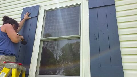 Kentucky Farmhouse Rehab project update & DIY window shutter installation