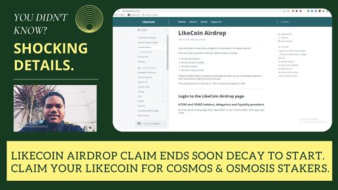 LikeCoin Airdrop Claim Ends Soon Decay To Start. Claim Your Likecoin For Cosmos & Osmosis Stakers.
