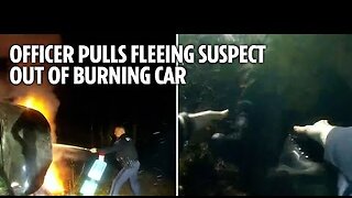 Officers pull fleeing suspect out of burning car