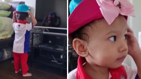 Baby Got Excited To See Her Own Reflection In A Hat!