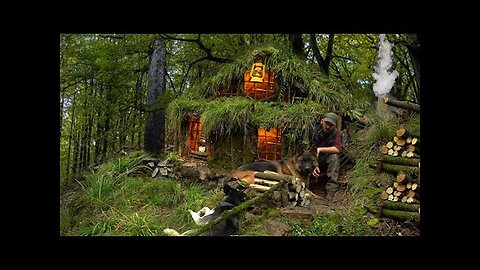 Building a natural survival shelter with a fireplace _ Bushcraft scenic hut, grass roof, rain PART 2