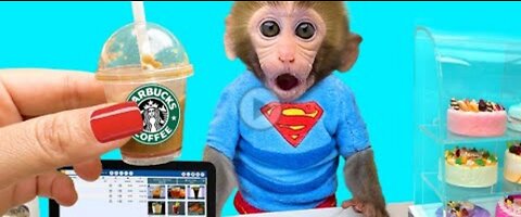 Monkey Baby Bon Bon go buy Starbucks coffee and drive the farm with ducklings