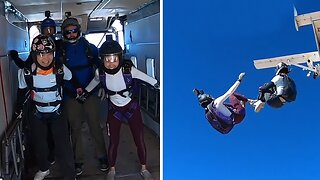 Woman's jump leads to unfortunate mishap for fellow skydiver