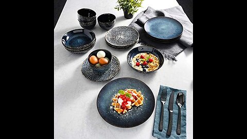 Gibson Elite Matisse 16 Piece Double Bowl Dinnerware Set, Cobalt Blue, Service for 4 (16pcs)