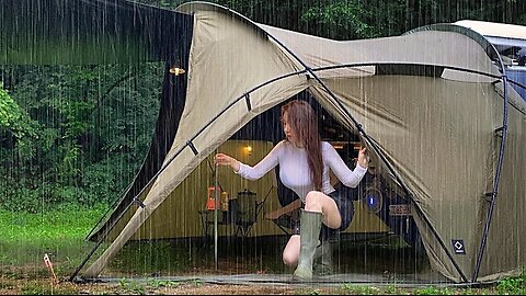 Solo camping soaked in rainstorm Real heavy rain