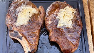 Reverse seared ribeye steak with a compound butter