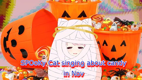 Mummy Catgirl vtuber Bell Nekonogi playing with props and singing about candy Halloween clip in Nov