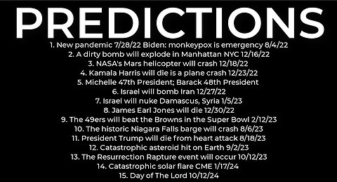 PREDICTIONS - Harris' plane crash 12/8; dirty bomb NYC 12/7; M. Obama Vice President 12/23