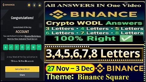 Today Binance Crypto WODL Answers | All Letters WOTD | Word of the day | Binance Square Theme 3 Dec